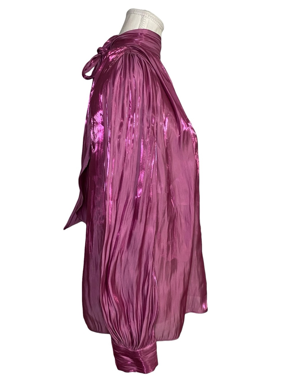 Aveloria Metallic Magenta Pleated
Long Sleeve Bow Neck Blouse - Picture 3 of 16